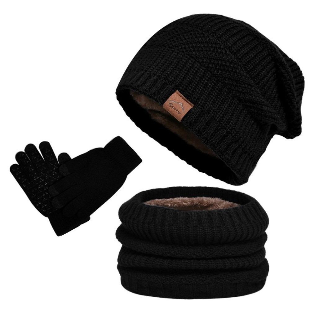 3pcs Wool Hat Scarf Gloves Set Warm Winter Beanie Hat Simple Thermal Knit Cap Skiing