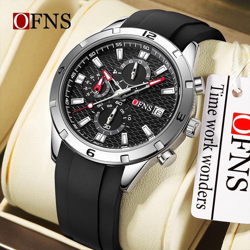 Fashion Ofns Top Brand - Trendy Men's Single Calendar Watch Silicone Sport Student Waterproof Three-eye Six-pin Quartz