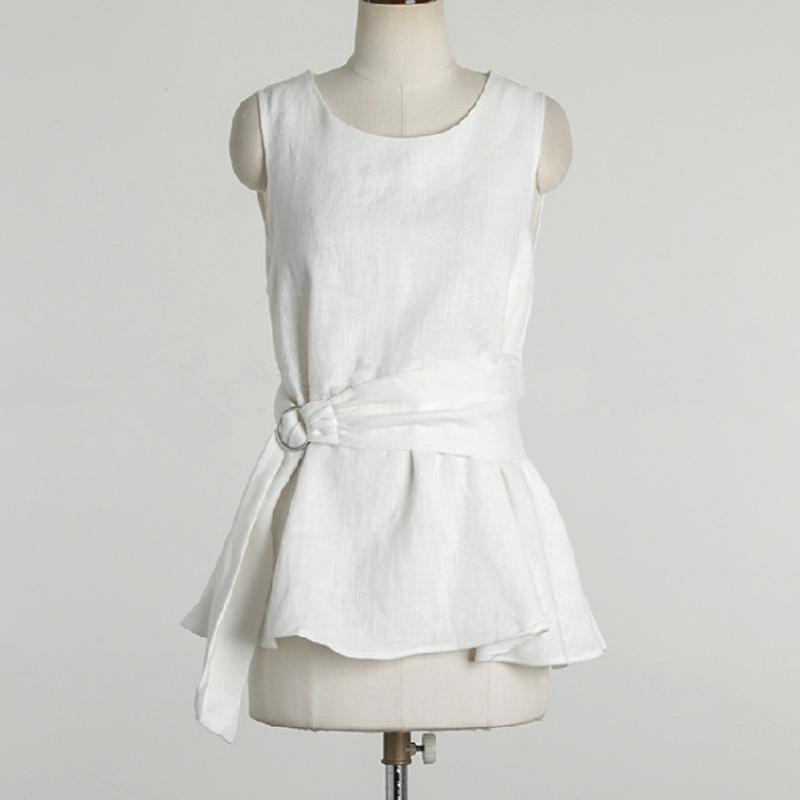 Summer O Neck Sleeveless Shirts With Belt Elegant Cotton Linen Blouse Women Casual Tops Fashion Solid Loose Clothes Blusas 27938