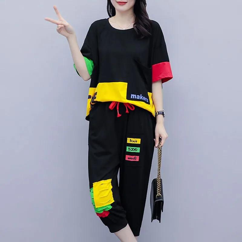 Плюс размер 5XL женский летний костюм свободные укороченные брюки с короткими рукавами цветной модный спортивный костюм из двух частей