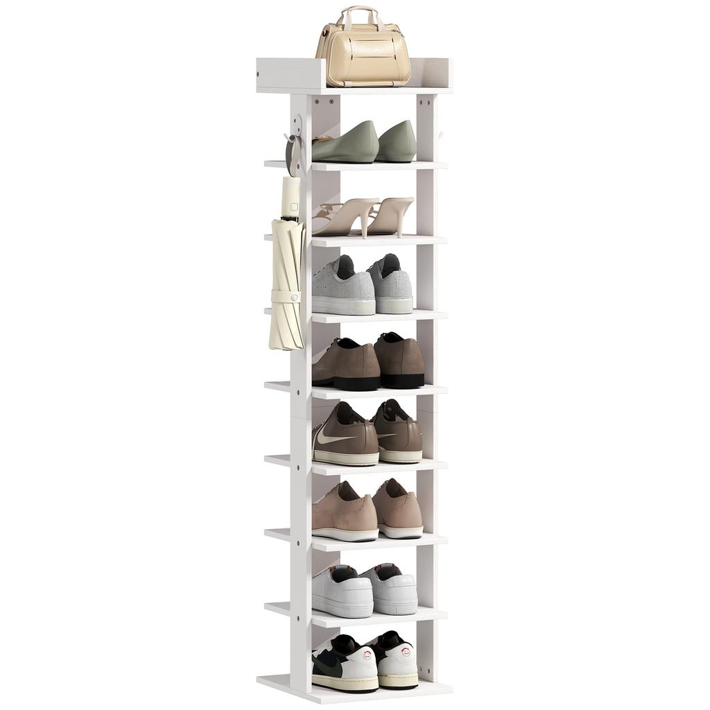 9-Tier shoe rack, shoe organizer up to 9 pairs with top tray, 2 hooks, 30x30x128.4cm, white
