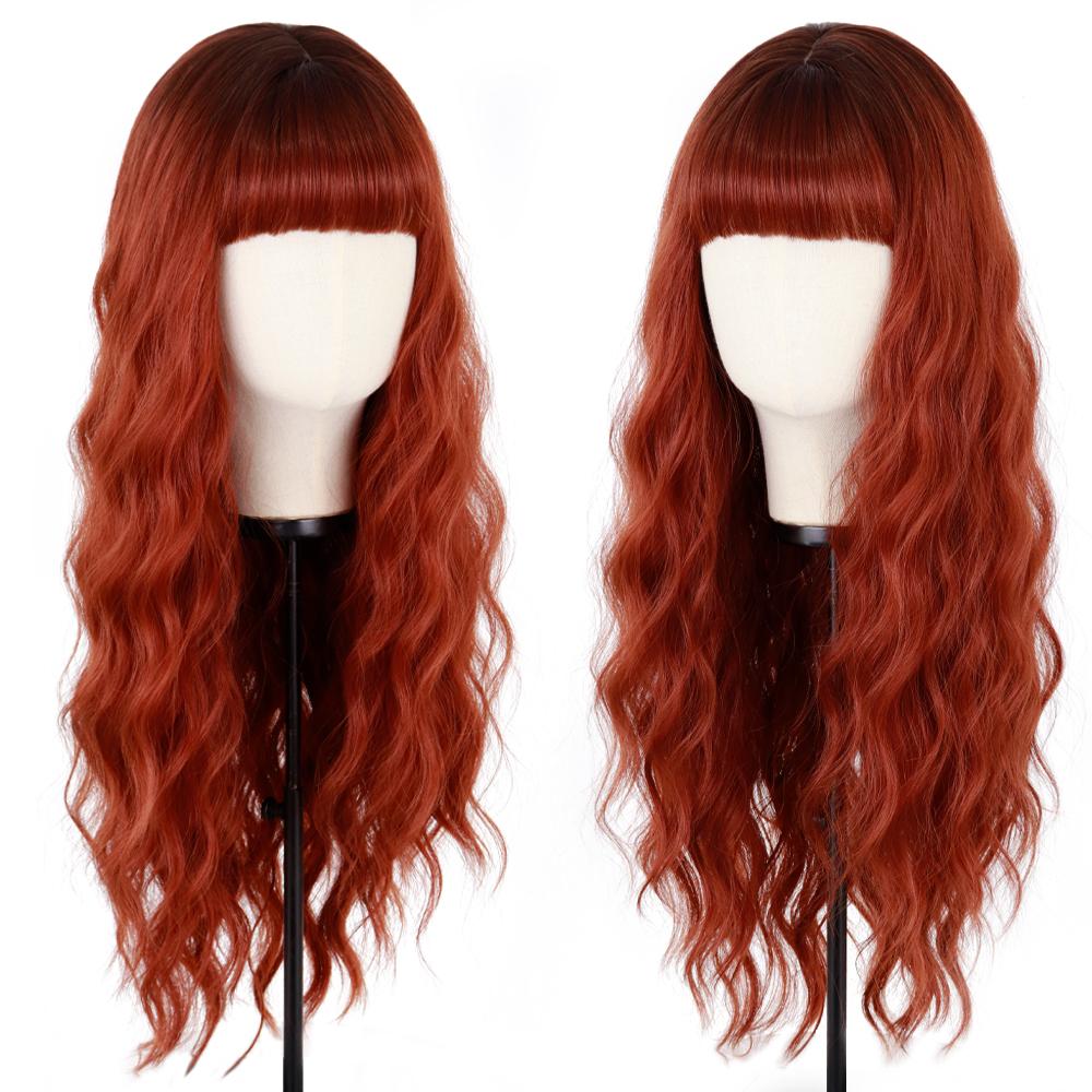 MERISIHAIR Long Ombre Synthetic Orange Red Black Pink Wigs with Bangs Water Wave Synthetic Heat Resistant Fiber Wigs for Women