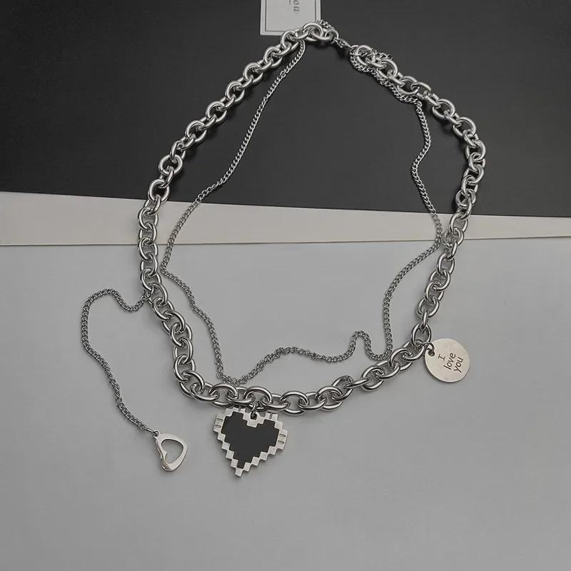 Черная мозаика Пиксельное сердце Подвеска Двухслойное ожерелье из титановой стали - Хип-хоп Тренд