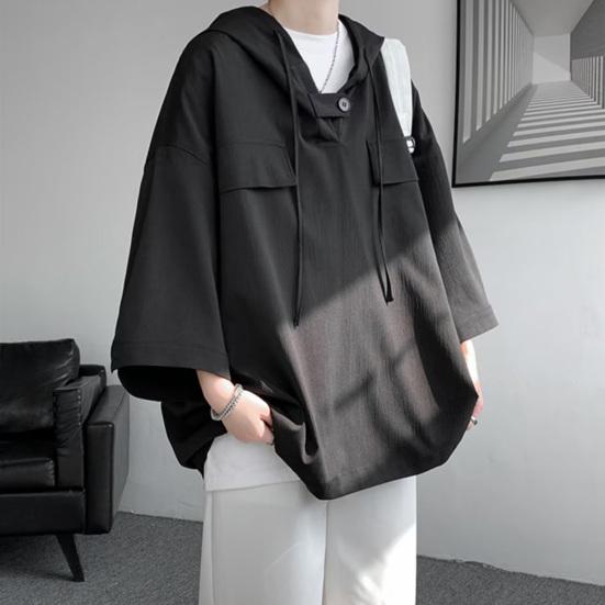 Весенне-летние мужские верхние нагрудные карманы большого размера в стиле хип-хоп, сплошной цвет, с капюшоном, рукава три четверти, тонкая кулиска, мягкая дышащая уличная рубашка, толстовка