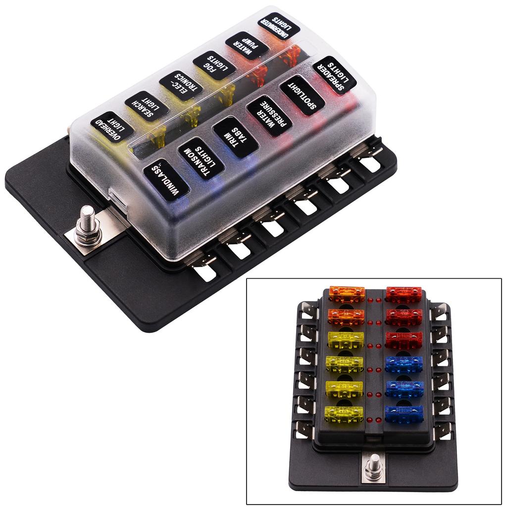12 Ways Blade Fuse Holder Block, Car Boat Marine Fuse Box Holder Indicator 12V~24V Power Distribution Panel Board Car Kit Fuse