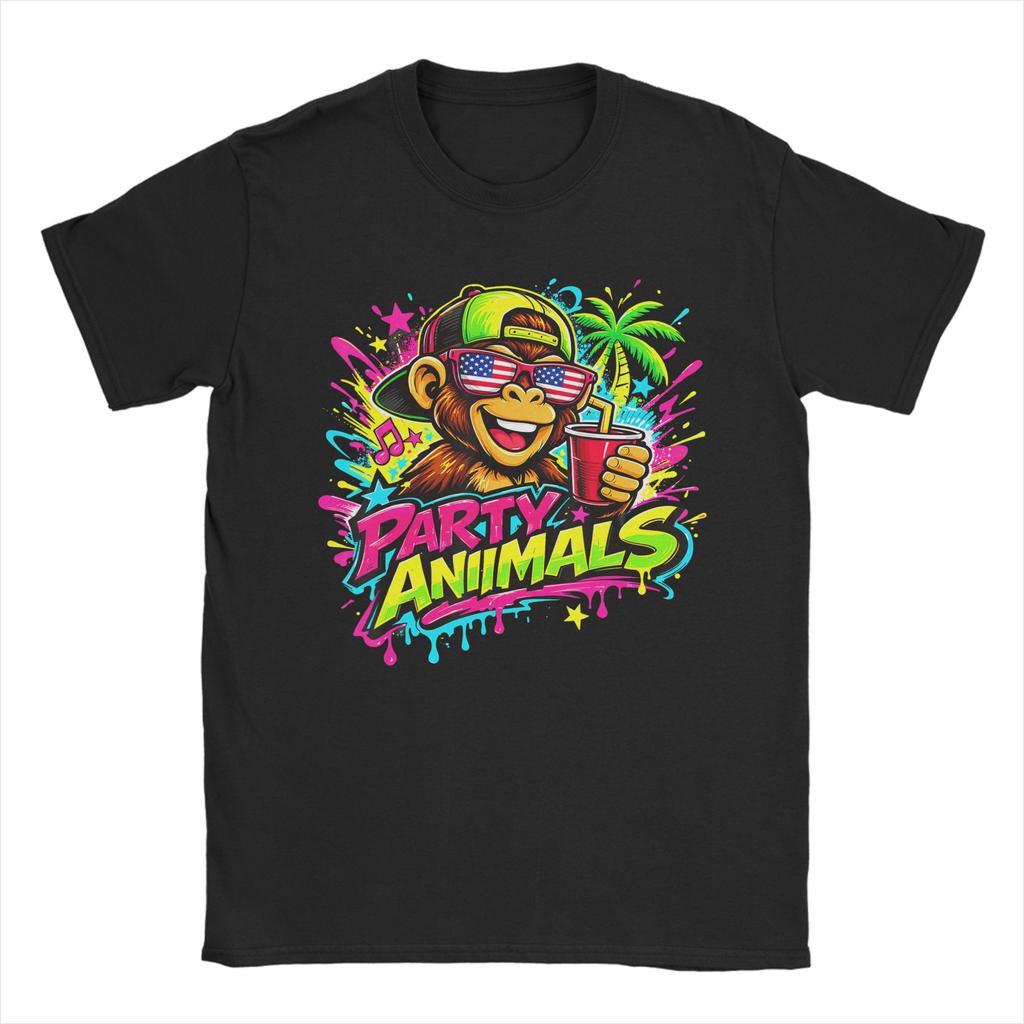 Party Animals Baseball Monkey T Shirt Unisex Pure Cotton Vintage TShirt Crewneck Tees Short Sleeve Clothing Big Size