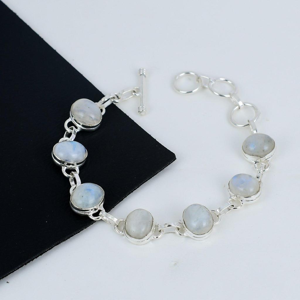 Браслет ручной работы из серебра 925 пробы с радужным лунным камнем, браслет из радужного лунного камня для жены, браслет унисекс на день рождения, подарок жене Flow