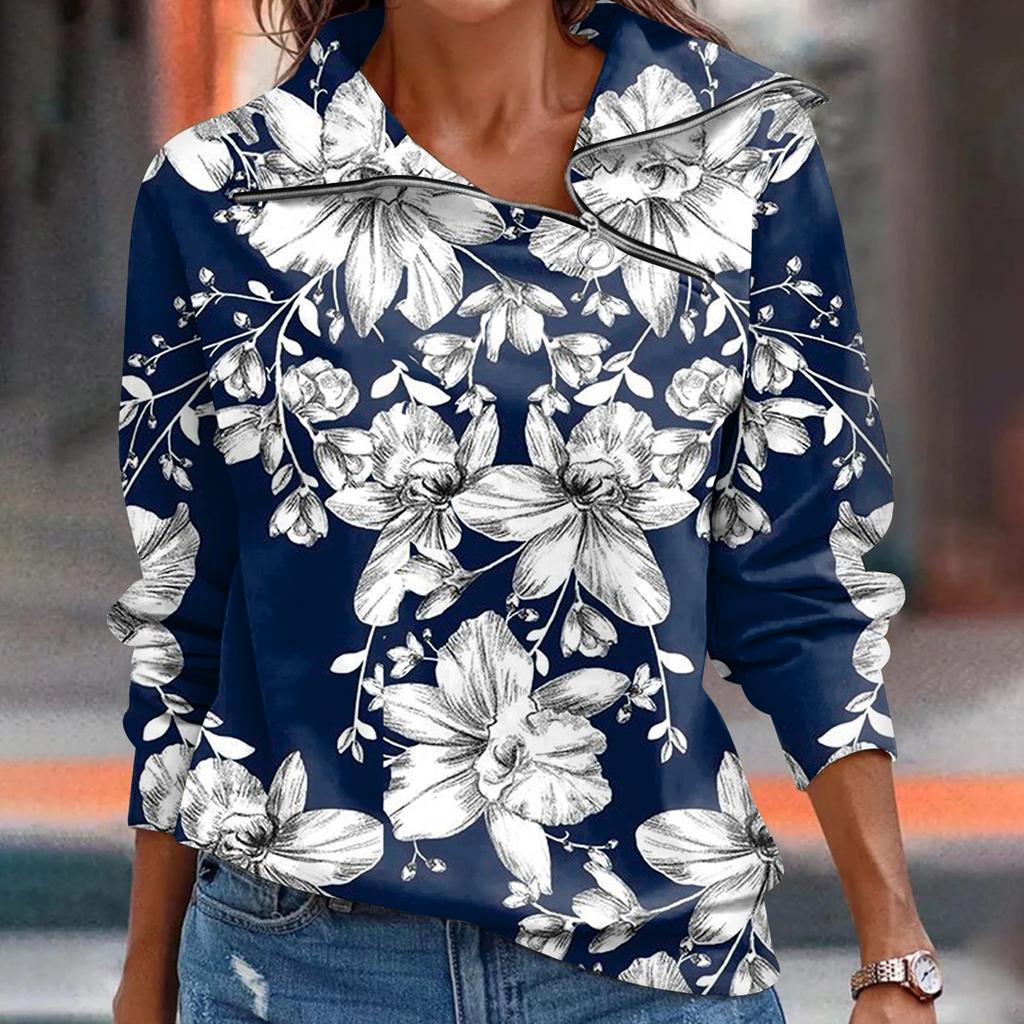 Ladies' Autumn And Winter Top With Zipper, Casual Retro Floral Print Long Sleeved Top