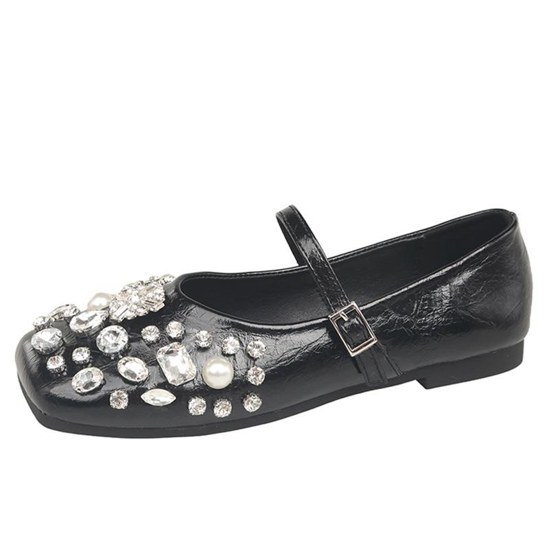 Туфли Мэри Джейн в стиле французской феи с серебряными стразами, женские, весенние, квадратные, с плоской подошвой и юбкой, однотонные, женские