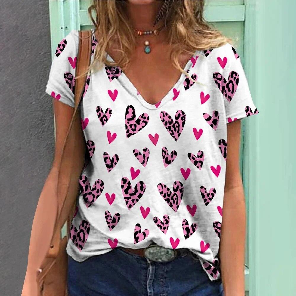 Футболки с v-образным вырезом для женщин, топы с 3d леопардовым принтом, футболки, повседневная уличная женская одежда, летняя модная футболка большого размера, женская одежда Y2k