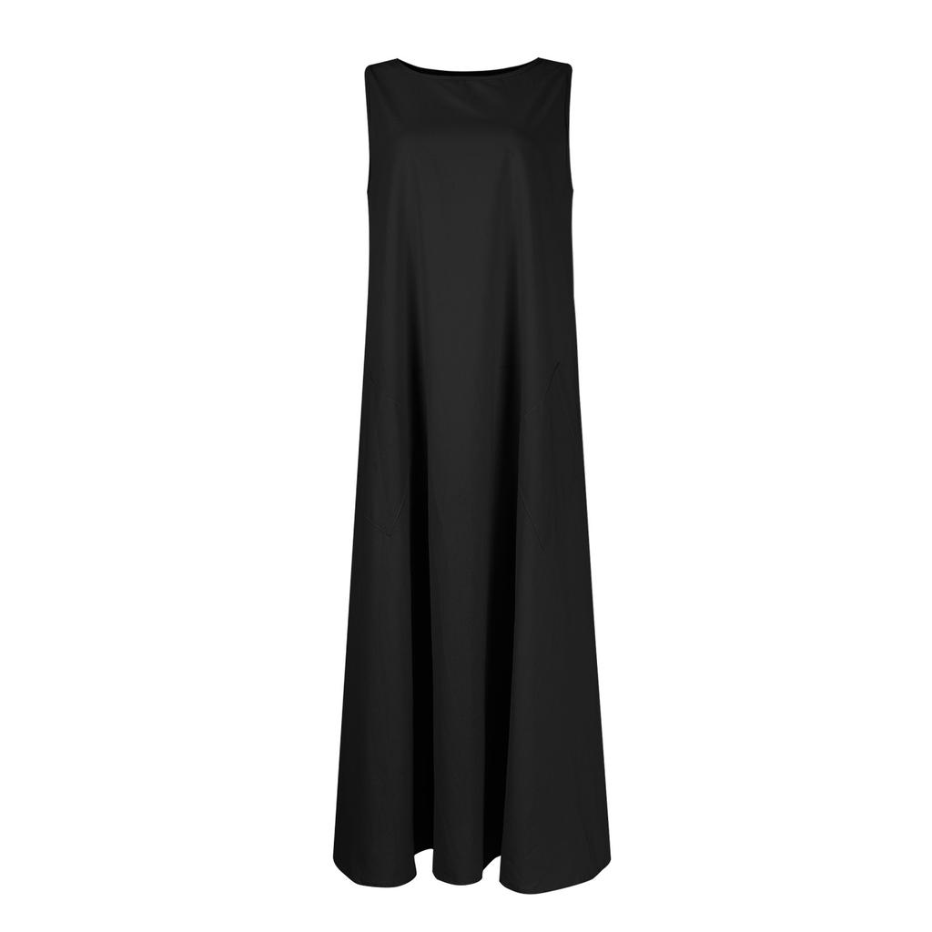 Женское свободное повседневное платье из хлопка и льна без рукавов с круглым завязками и карманами