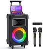 Karaoke Machine with 2 Wireless Mics,10" Woofer 500W Peak Power Big Portable Bluetooth Speaker with Bass/Treble Adjustment,Rolling Wheels and Trolley