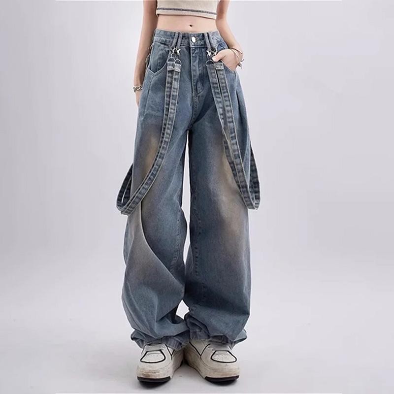 90s Vintage Blue Jeans Women Y2K Korean Fashion Retro Wide Leg Overalls Oversized Harajuku Hippie Streetwear Denim Pants