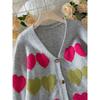 Autumn and Winter Women's Elegant V-neck Button Knit Sweater with Sweet Heart Pattern Contrasting Color Knit Cardigan Sweater for Women