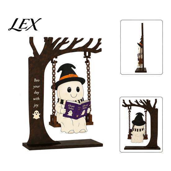 Durable Halloween Yard Ornaments Funny Swing Ornament, Witch/Skeleton/Mummy/Pumpkin Ghost Sitting on Realistic Decor for Home Reading Book Figurine