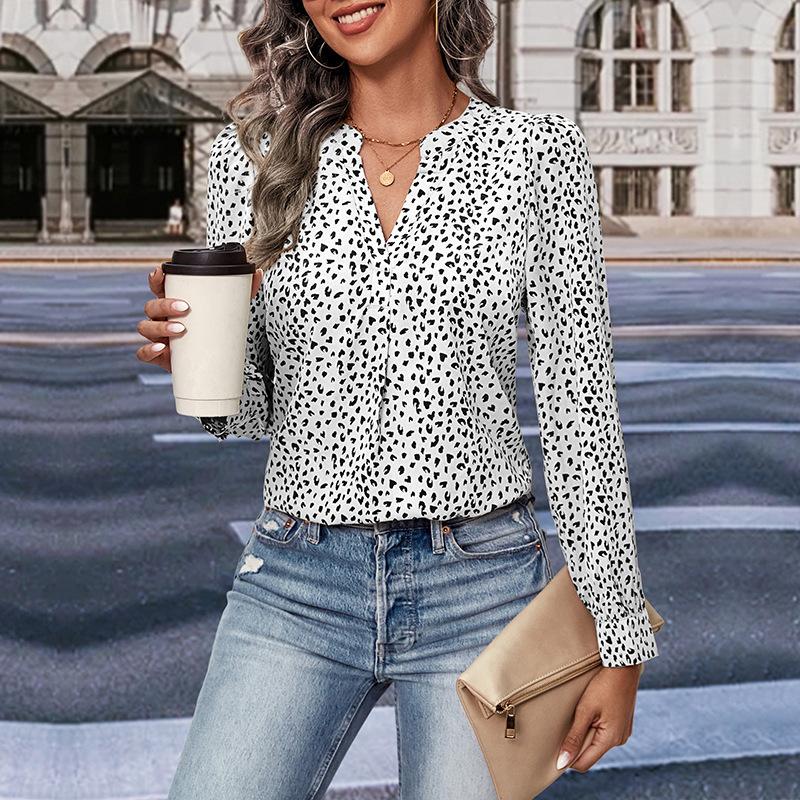 YYFS Женская мода повседневная весна осень леопардовый принт длинный рукав V-образный вырез блузки и рубашки