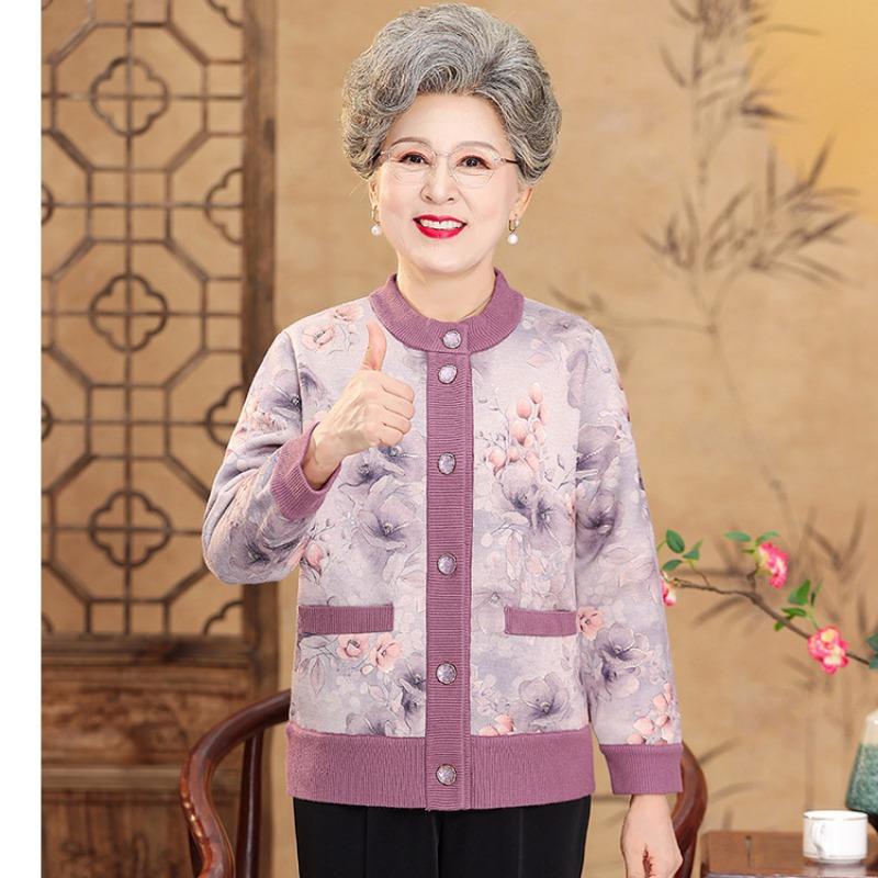 Autumn and Winter Knitted Sweater Women's Old Lady Coat Medium Old New Mother Grandma Pack Fleece Thickened Cardigan Sweater