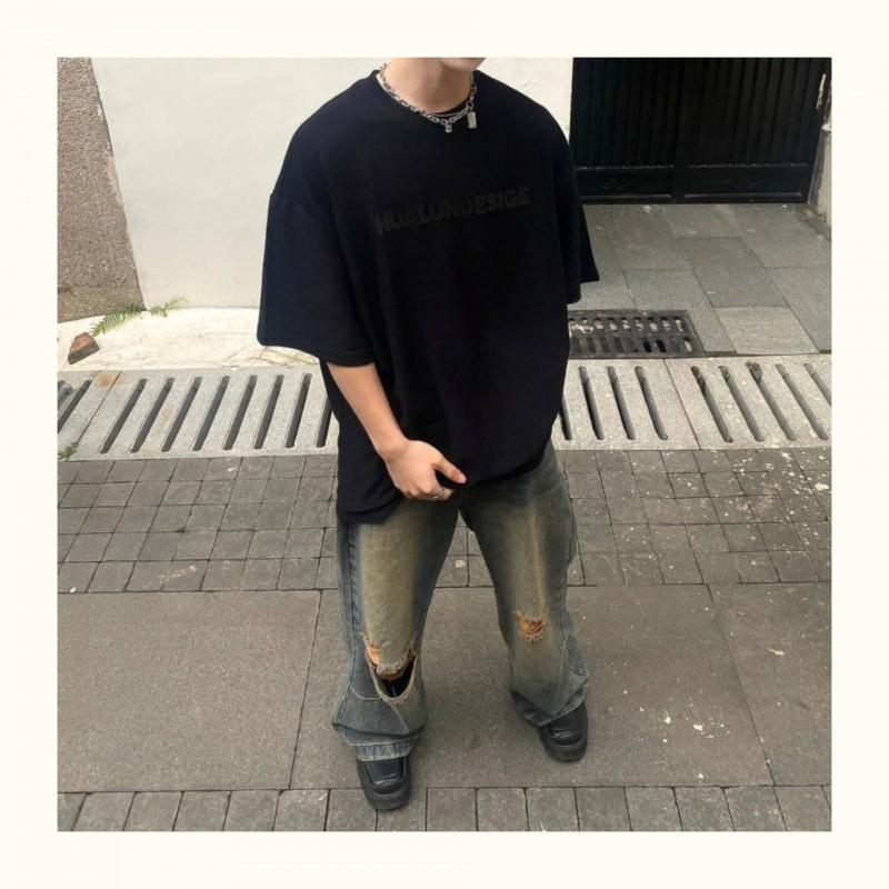 Mens Loose Straight Leg Ripped Jeans Vintage Wash Casual Streetwear
