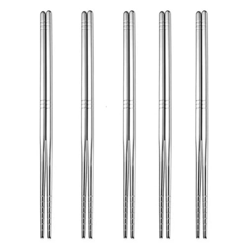 KXLCGYK Korean Metal Chopsticks Set, 5 Pairs, 18-8 Stainless Steel, 22.5cm Square Chopsticks, Lightweight, Hollow Chopsticks, Non-Slip, Silver, Dishwa