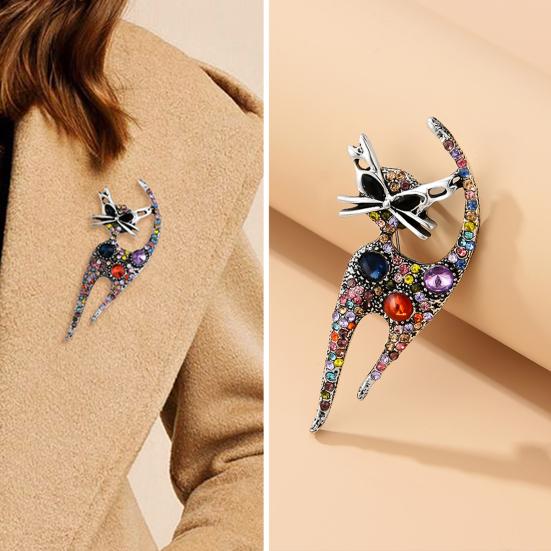 Леди Брошь Ретро Стиль Кошка Дизайн Полный Горный Хрусталь Гальваника Декоративный Соответствующий Темперамент