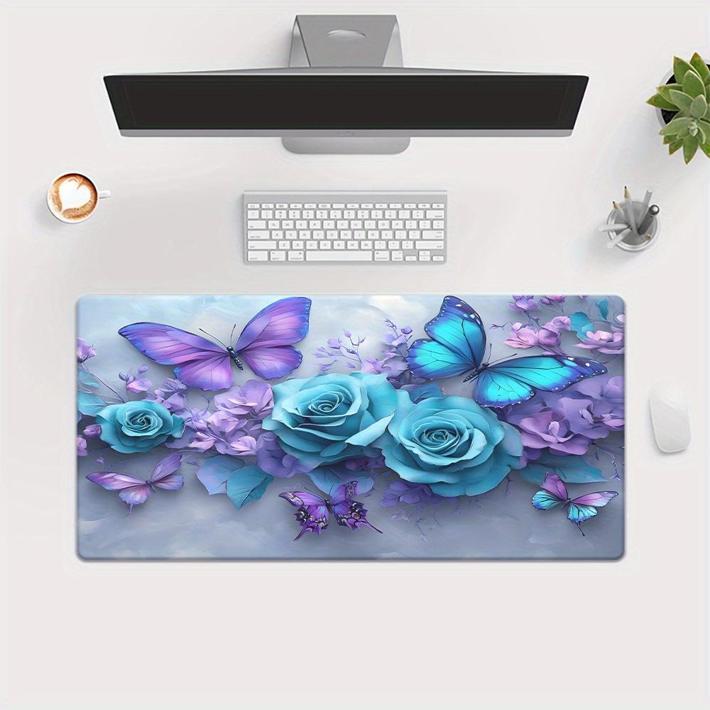 pc Mouse Pad with Purple Butterfly Blue Rose Design NonSlip Rubber Base Large Desk Mat for Gaming Office Decor Durable