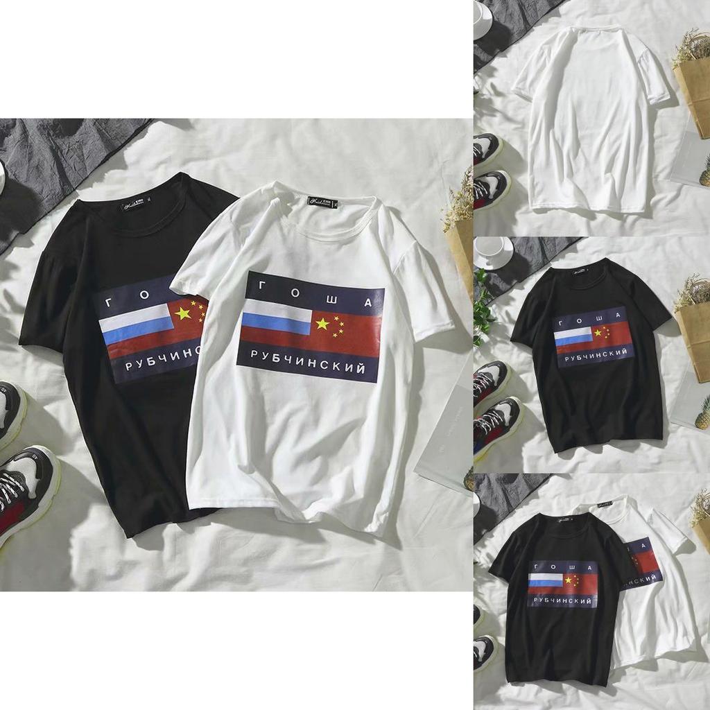 Мужская Русская Женщина Флаг Уличная Мода Фитнес Короткий Рукав Черно-Белая Рубашка Т