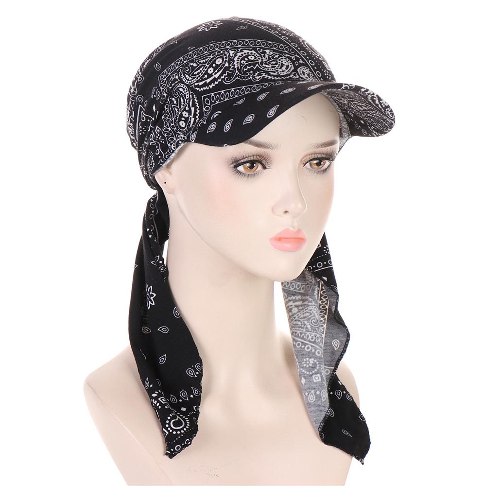 2025 Print Pre-Tied Hat Women Muslim Long Tail Headscarf Hijab Turban Visor Chemo Cap Bonnet Hair Loss Head Wrap Turbante Mujer