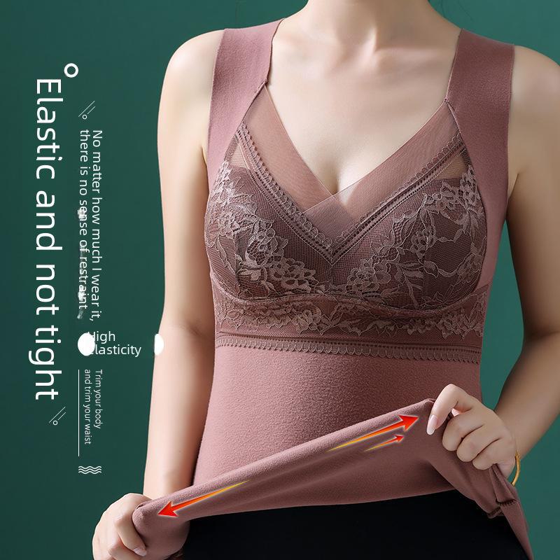806 Women's German Velvet Lace Vest with Chest Pads - Double-Sided Brushed Thermal Slimming Underwear