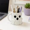 Halloween Party Drinkware Ice Cream Mug with Spoon Holder, 3D Printed Cute Ghost Mug, Shaped Coffee Drinking Cup Pen Holder Decor, Christmas Birthday