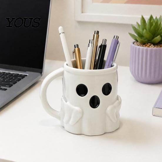 Halloween Party Drinkware Ice Cream Mug with Spoon Holder, 3D Printed Cute Ghost Mug, Shaped Coffee Drinking Cup Pen Holder Decor, Christmas Birthday