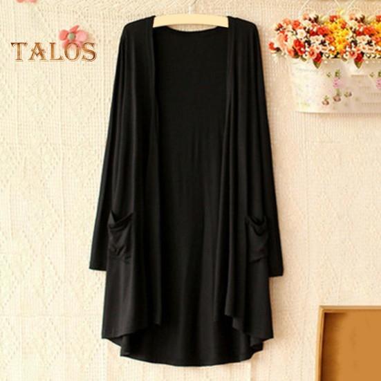 Весенне-осеннее женское пальто свободного кроя средней длины однотонного цвета с длинными рукавами, тонкое с карманами и открытой строчкой, повседневная одежда, кардиган для поездок на работу