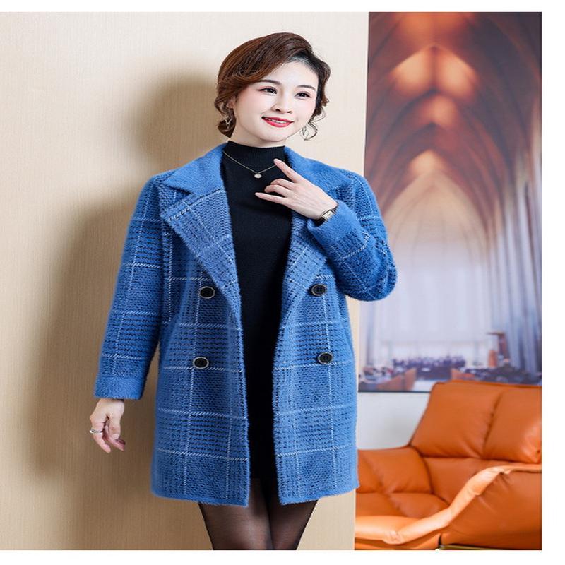 Autumn and Winter New Mother's Wear Mid Length Plaid Coat Women's Loose Imitation Mink Fleece Suit Collar Wool Coat