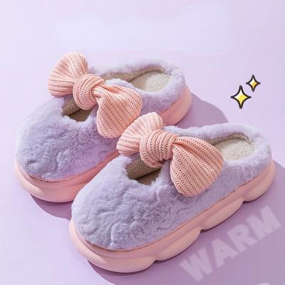 Модные зимние женские теплые тапочки с милым бантом, осенние, противоскользящие, для дома, улицы, на плоской подошве, с толстой подошвой, модные хлопковые туфли 2025