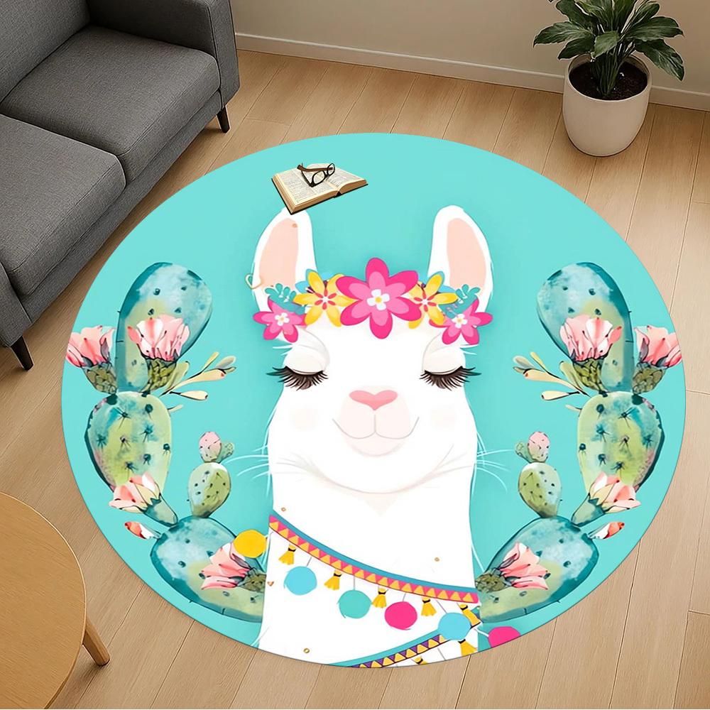 1pc Llama, Cactus Round Chair mat Area Rug - Non-Slip, Floor Mat for Office, Bedroom, home decor Christmas Gift p0811053