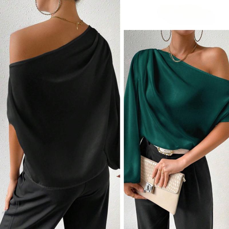 Сексуальные элегантные повседневные блузки с косым воротником и длинным рукавом, женские модные рубашки с открытыми плечами, топы, однотонные, простые, приталенные, женские блузки 26399