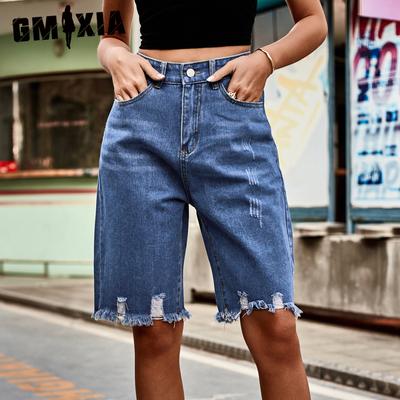Сплошной цветной принт лето весна деним рваные брюки четверть мода необработанные края бахрома джинсы женские