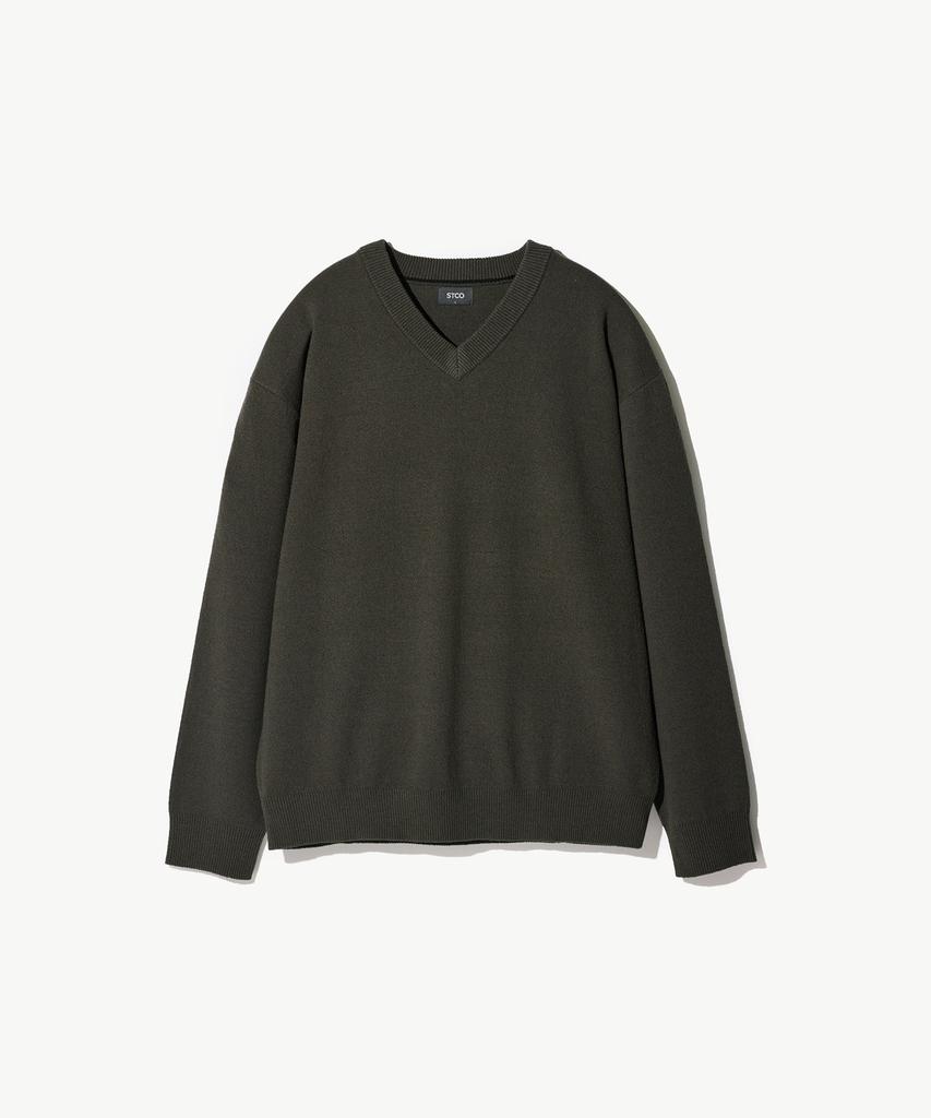 STCO V-Neck Boucle Solid Knit Khaki (Oversized)_Sktwa56Nsk