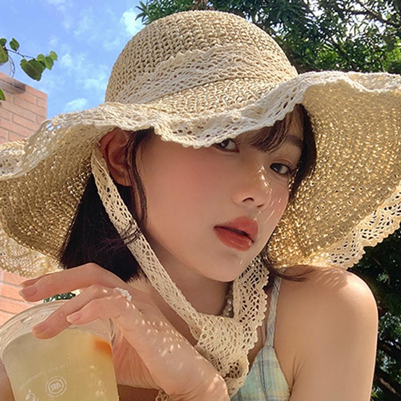 Соломенная шляпа женская кружевная шляпа рыбака с ремешком из кружева защита от солнца полая дышащая шляпа от солнца дорожная шляпа от солнца на море