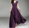 Bohemian V-Neck Short-Sleeve Chiffon Evening Dress with Waist-Cinching Design