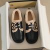2023 Winter Women's Plush Warm Leather Shoes Snow Boots British Style Belt Buckle Ladies Casual Black Loafers