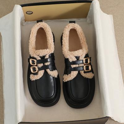 2023 зимние женские плюшевые теплые кожаные ботинки зимние сапоги в британском стиле с пряжкой на ремне женские повседневные черные мокасины