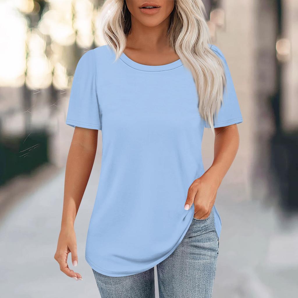 Women's Fashion Casual Solid Color Round Neck Short Sleeve T-shirt Tops