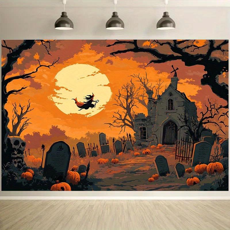 1 Terrifying Halloween Graveyard Scene Background Cloth - Wizard Riding Broom Moonlight Graveyard Carrying Pumpkin and Skull