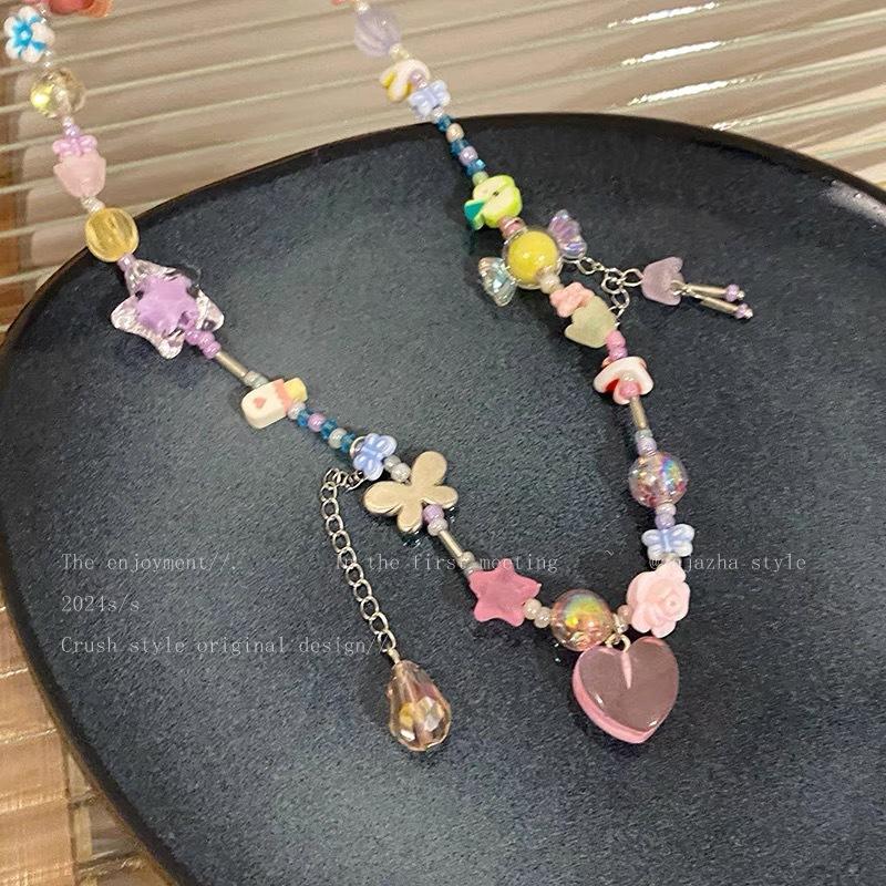 Peach powder! Dopamine love candy necklace female niche design sweet cool babes beaded collarbone chain neck chain
