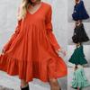 Women's Fashion Casual Solid Color Boho Loose Dress Ruffled Long Sleeve Mid Skirt