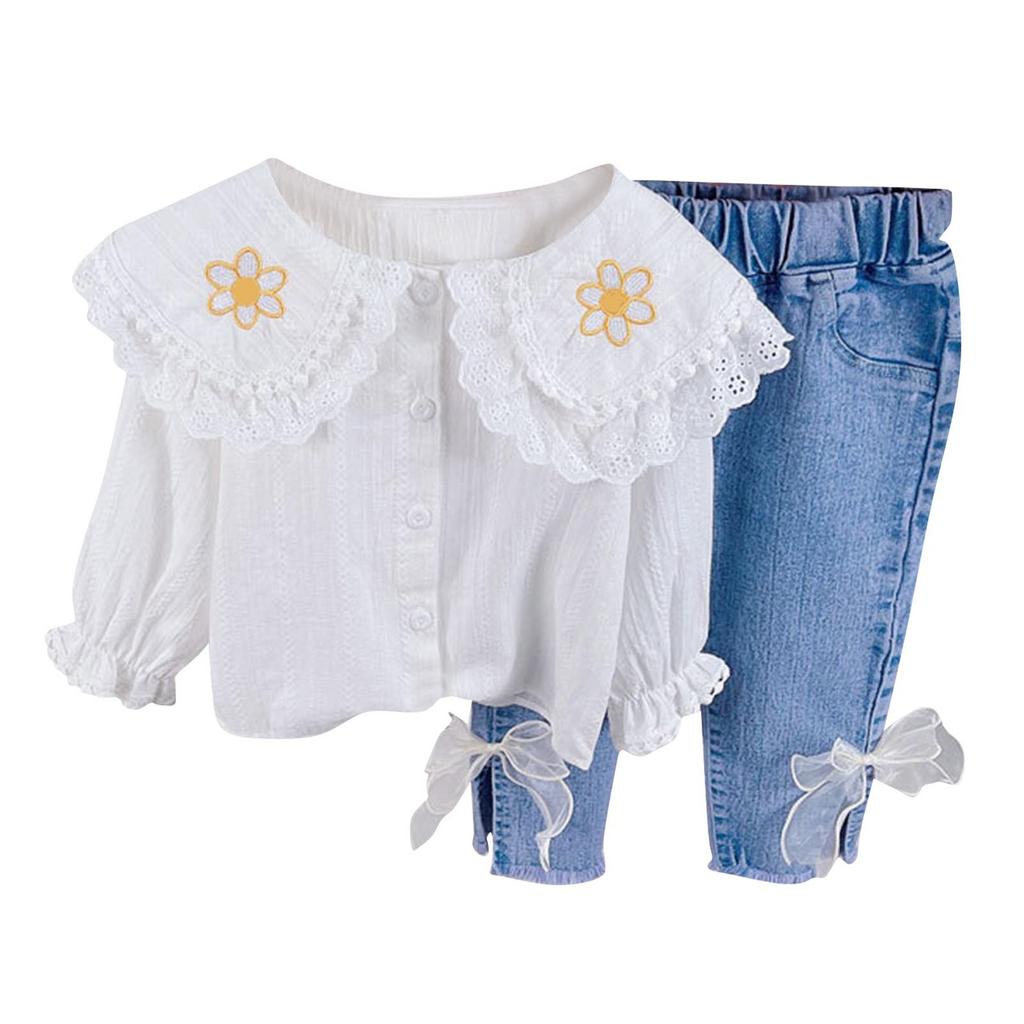 Детская рубашка с кружевом на лацкане и джинсами с бантом, комплект из двух предметов