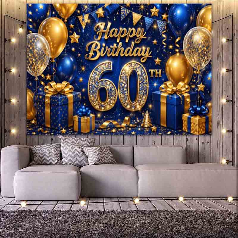 Royal Blue Gold Glitter 60th Happy Birthday Photography Backdrop Balloon Gift Box Confetti 60 Years Adult Birthday Party
