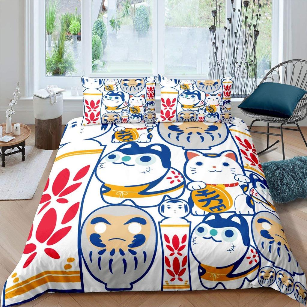 Maneki Duvet Cover SetJapanese Lucky Cat Duvet Cover Neko Gold Coin Japanese Style Cute Bedding Set Cat Comforter Cover 2/3pcs