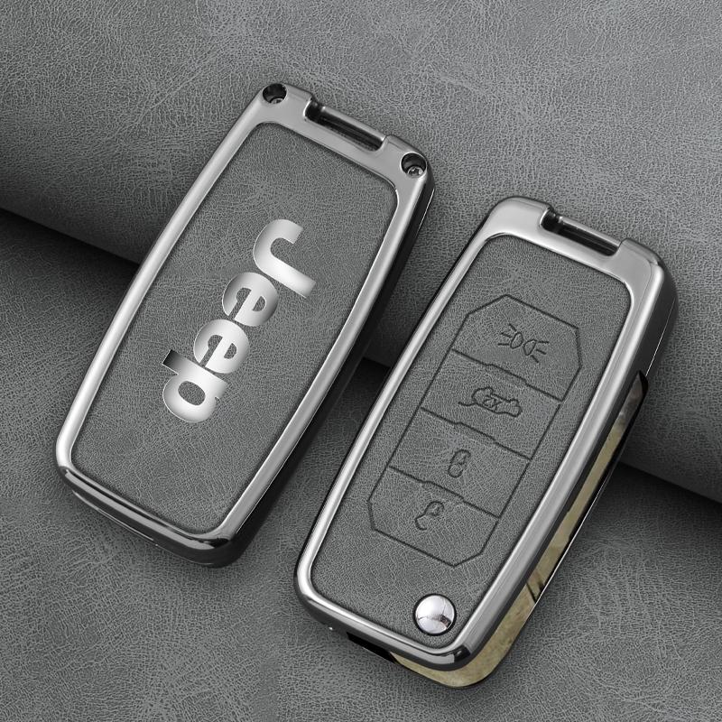 Zinc Alloy Leather 4 Buttons Car Folding Key Case Protector Cover Fob for Jeep Renegade Compass 2016 2019 2020 2021 Accessories