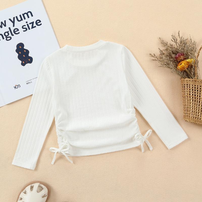 Girl's Long Sleeved Elastic Tight Fitting T-shirt with Side Waist Decoration Bow Girl's White Round Neck Top